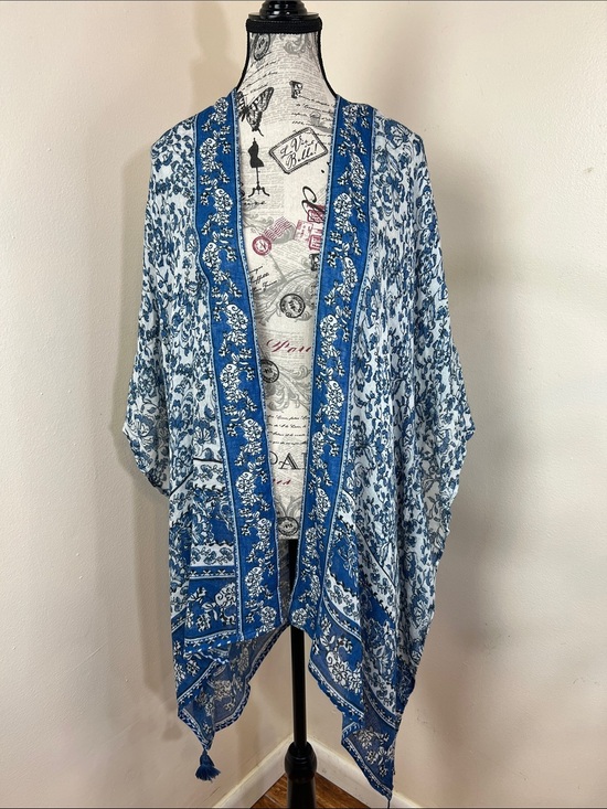 J. Jill Jackets & Blazers - J. Jill Blue & White Floral Kimono Cardigan Cover-Up NWT SZ S-L Boho Tassel Hem